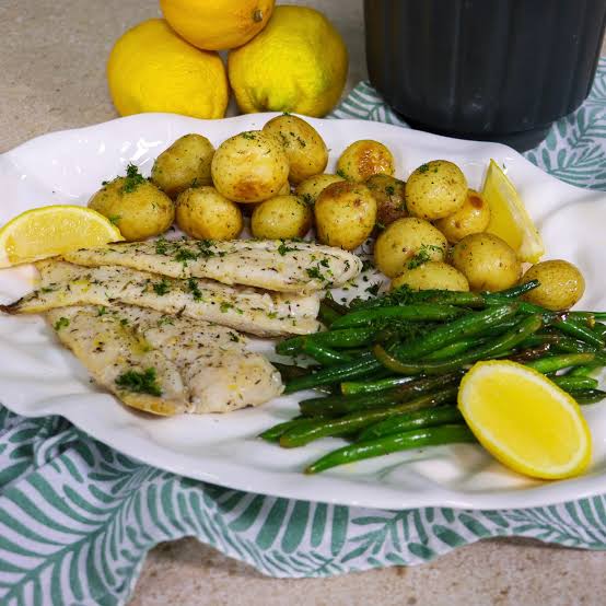 Hake with Lemon Butter, Roast Potatoes and Vegetables