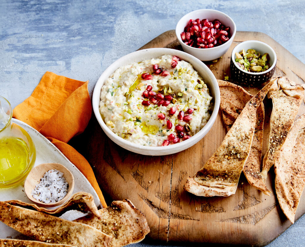 Baba Ganoush with Warm Pita and Pomegranate